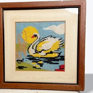 Vintage Handmade Framed Tapestry Needlepoint Art Swan Lake Scene Wall Decor 10in